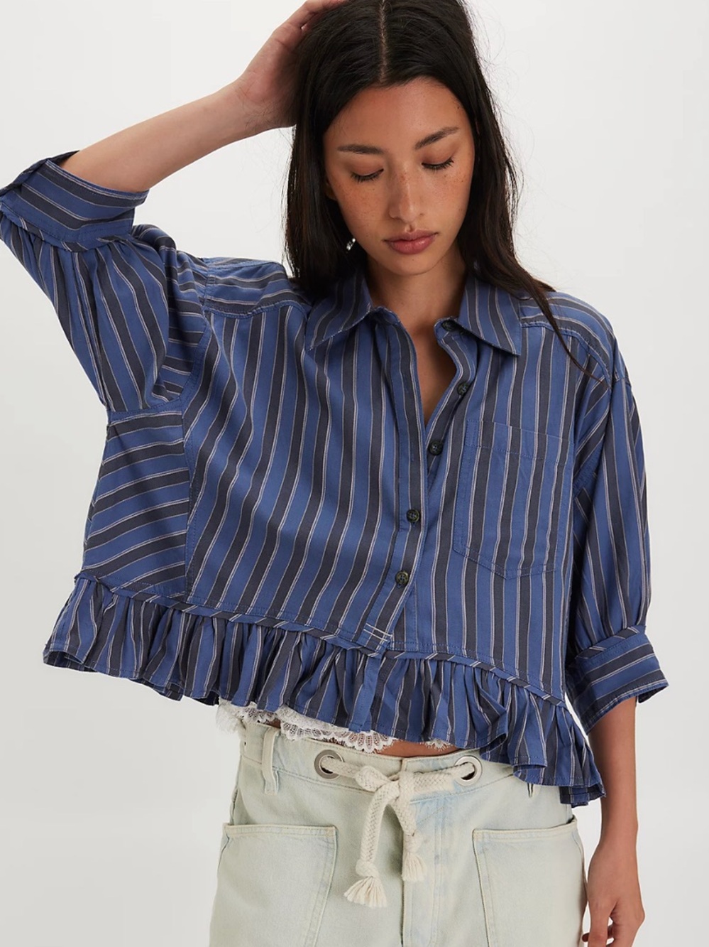 Free People We The Free Bailey Stripe Shirt - Dark Blue Combo - XL - NWT